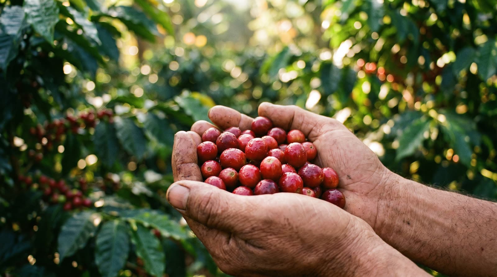 Mains tenant des cerises de café fraîchement cueillies