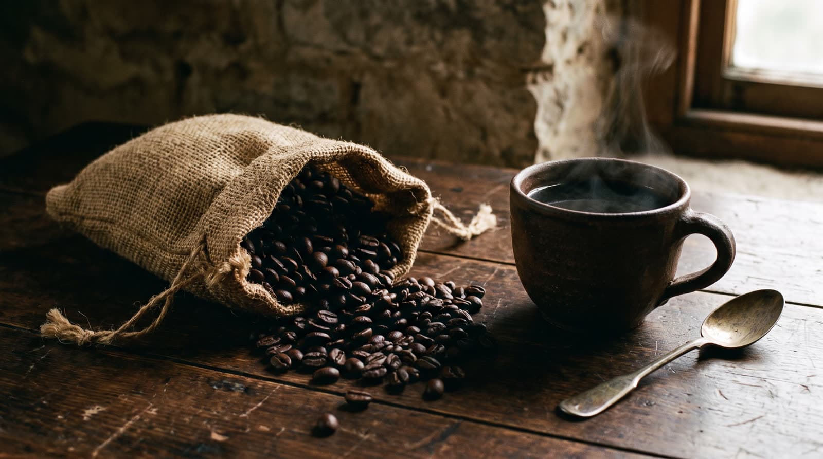 Café Blue Mountain de Jamaïque, grains torréfiés et tasse