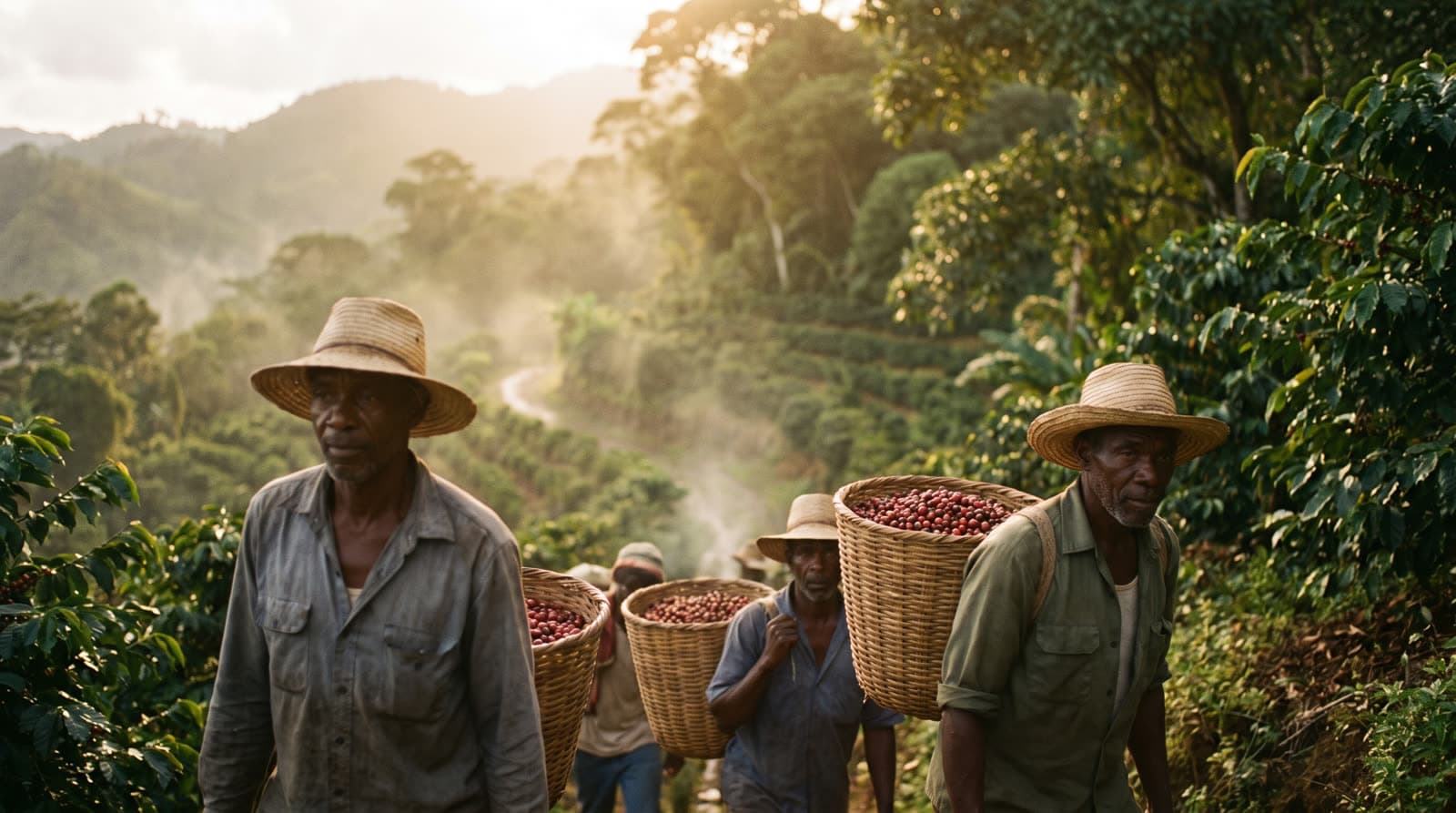 Cueilleurs dans une plantation des Blue Mountains, Jamaïque